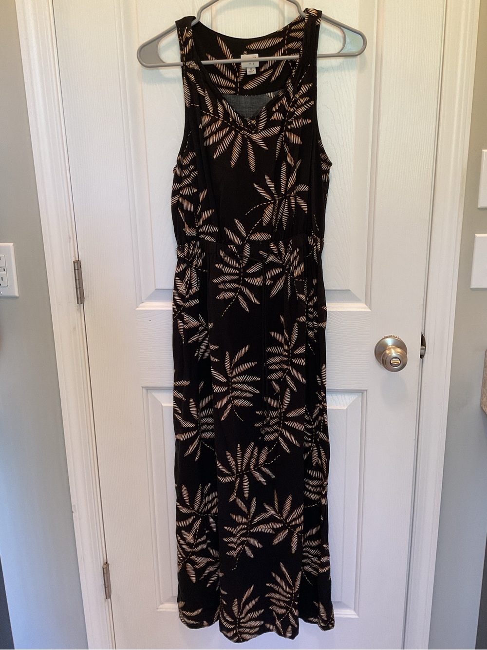 a new day Black Maxi Dress with Beige Leaf Print